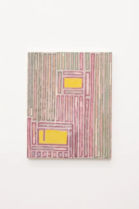 Abstract oil painting with two bright yellow larger rectangles and an assortment of thinner rectangular shapes with mauve and green borders that are arranged in a puzzle-like manner to fill the page.