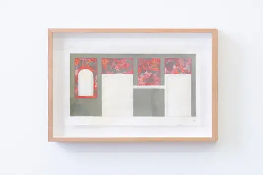 Painting with a light tan wood frame with a white matte depicting a hallway with two white rectangles that represent doorways and one white arch that represents a window. The walls are gray with pink and orange marbled rectangles above the window and doors.