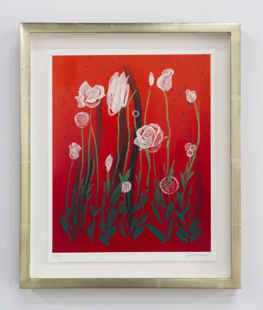 Rectangular painting with a light gold frame and a white matte. The central image is of several abstract white roses with vibrant green stems with a bright red background.