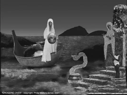 A collage depicts a hooded woman in a boat, a child and women watching from the shore, a large snake rising between them.